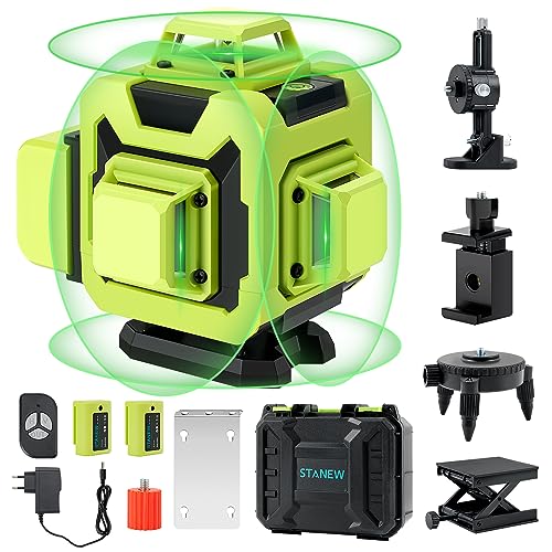 STANEW Niveau Laser Chantier 4D 16 Lignes Vert Autonivelant 4 x 360°±3°, Mode Pulsé Extérieur, 2x2400mAh Batterie Rechargeable+Support Rotatif Intégré + Télécommande Sans Fil