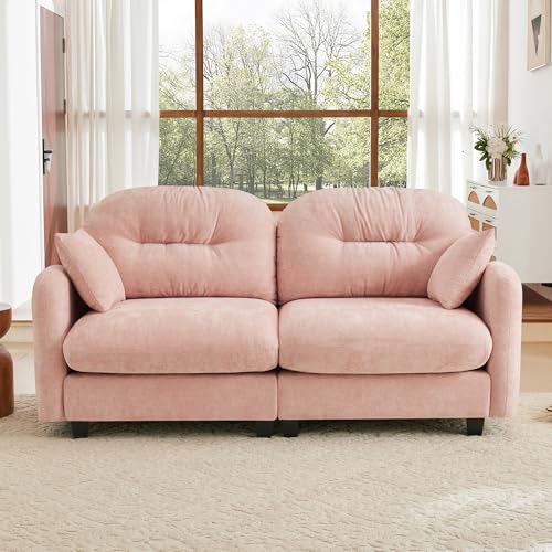 Image of KEIKI 74 inch Oversized Chenille Modular Sectional Loveseat Sofa with High-Density Foam Cushions and Tufted Pleated Cushion Backrest, Upholstered 2-Seater Cloud Couch with 2 Pillow, for Living Room, Pink