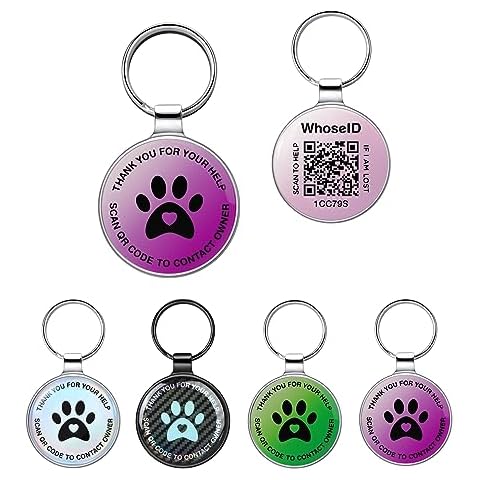 WhoseID Dog Cat Tag Personalized for Pets Name ID Custom Accessories QR Code Tags Ring Supplies Email Alert Silent Metal Purple Small Cover
