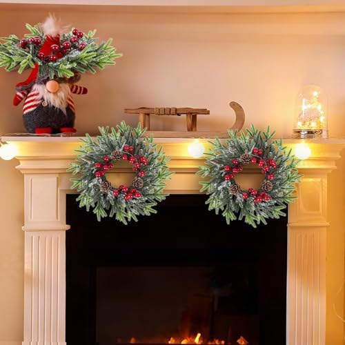 Image of 8 Pcs Christmas Candle Rings Wreath Mini Christmas Table Centerpieces Red Berry Pinecones Wreaths for Kitchen Cabinet for Holiday Table Centerpiece Farmhouse Front Door Porch Wall Decoration