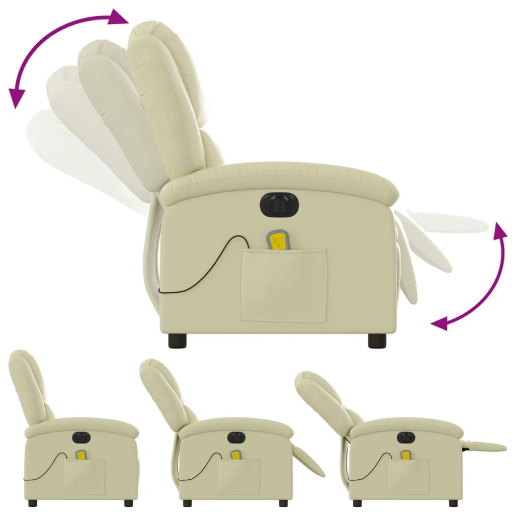 Massagesessel Elektrisch Creme Echtleder mit 6-Punkt-Vibrationsmassage und Elektromotor verstellbar bis 135 Grad, Holz Metall Gestell, bequemer Relaxsessel für Wohnzimmer Büro Lounge Ruhe