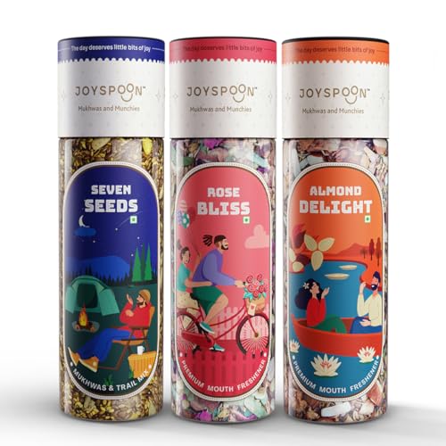 Image of JoySpoon Mukhwas Combo | Seven Seeds, Rose Bliss & Almond Delight | Supari Free Mouth Freshener | Traditional Indian After-Meal Digestive Snack | No Artificial Colors or Preservatives | Pack of 3x100g
