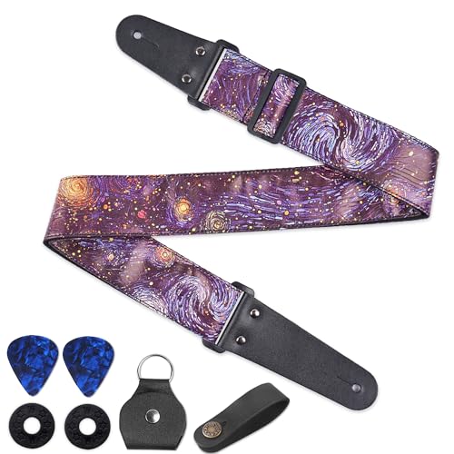 Image of Adjustable Guitar Strap Includes 2 Strap Locks & 2 Matching Picks & 1 Picks Holder & 1 leather Strap Button.