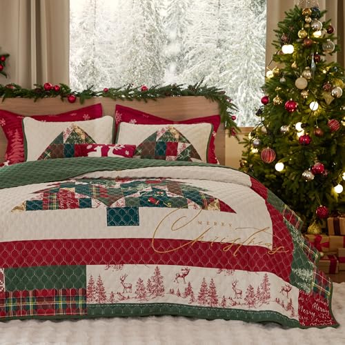 Bedsure Christmas Quilt Bedding Set - Red King Size Reversible Quilt Set with Christmas Tree Pattern, Soft Microfiber Lightweight Bedspread, 3 Pieces Coverlet as Festive Decoration (106"x96")