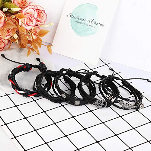 Jstyle 28Pcs Braided Leather Bracelet For Men Women Wooden Beaded Cuff Wrap Bracelet Adjustable C #TOP6