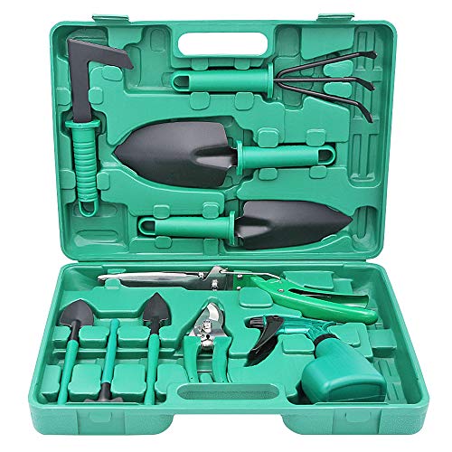 Preisvergleich Produktbild Plartree Gartenwerkzeug Set, 10 Stück Garten und Pflanzset mit Aufbewahrungskoffer, Schere, Sprühgerät, Rechen, Astschere, Weeder Best