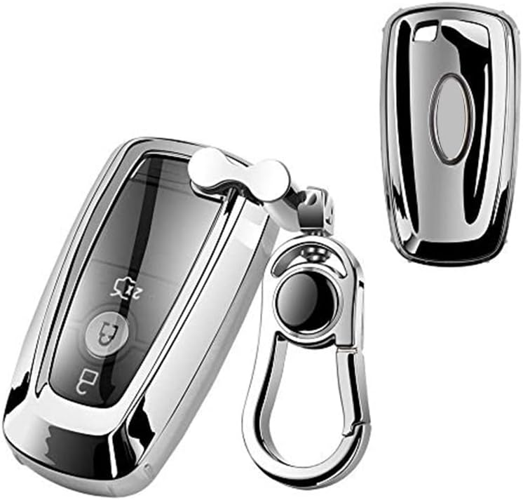 Car Key Fob Cover,Compatible with Ford F-150 F-250 F-350 Ecosport Edge Explorer Fusion Mustang Key Fob Silicone TPU Protective Case Holder Shell wih Keychain Silver