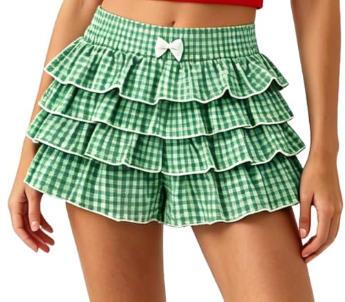 Image of Women Layered Gingham Shorts Cute Bloomers Plaid Shorts | Gingham Ruffle Shorts, Polka Dot Mini Bloomer Shorts, Micro Boyshorts, Tiered, Checkered, Lolita Outfits, Going Out
