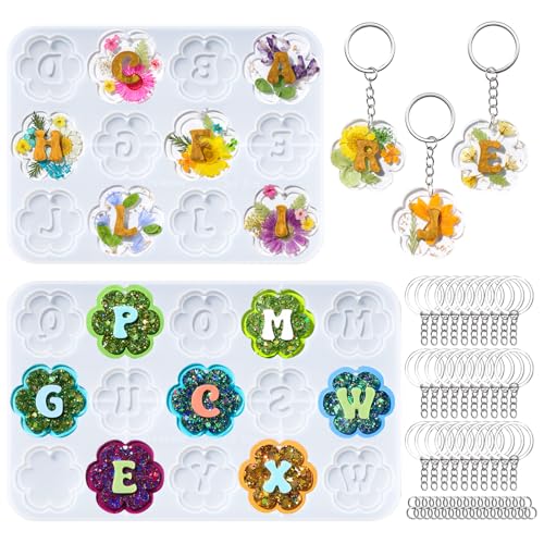 LET'S RESIN Keychain Resin Molds Silicone with Hole, 27 Cavities Flower Alphabet UV Resin Jewelry Pendant Molds kit for Beginner, Letter Epoxy Resin Molds for Keychain Pendant Jewelry Making