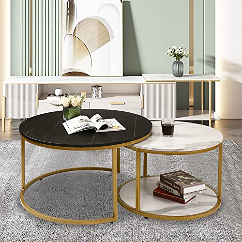 Image of NSdirect Nesting Coffee Table Set of 2,Round Coffee Tables Modern Circle Table for Living Room Accent End Side Table with Storage Open Shelf Wooden Top & Gold Sturdy Metal Frame(White&Black)