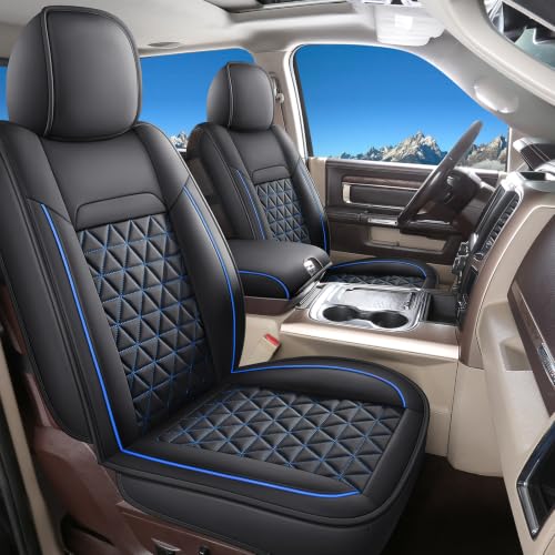 Image of Coverado Car Seat Covers Full Set, Leather RAM 1500 Seat Covers Protectors Compatible with 2002-2026 Dodge RAM 1500 2500 3500 Crew Double Mega Quad Cab with Flat Bench, Black&Blue line