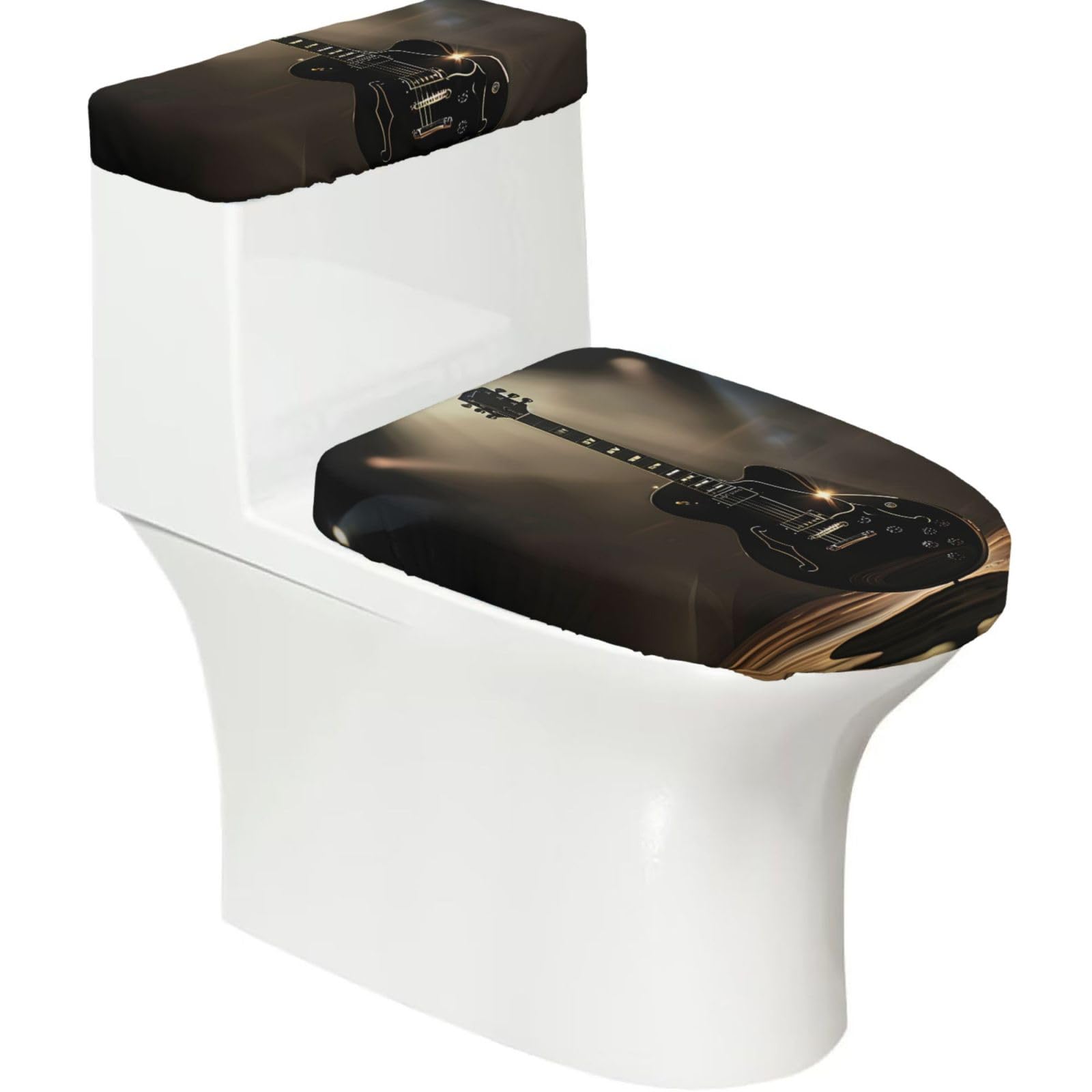 X Psblty Black Guitar Toilet Seat Cover Set 2 Piece Bathroom Decor Toilet Lid Cover With Tank Top Cover Stretch Fit Soft Fabric For Home 15-21 Inch
