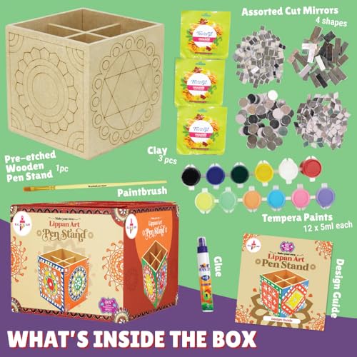 Image of Kalakaram Lippan Art & Craft Kit - DIY Painting Activity for Kids & Adults | Make Your Own Decorative Pen Stand with Pre-Marked Base | Traditional Mirror Art | Folk Art Home Decor Kit