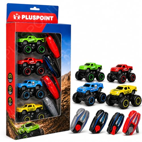 Image of PLUSPOINT Monster Truck Toys for Kids - 8 Pack Big Wheel Off-Road Die-Cast Metal Trucks with 4 Launchers, Free Wheel Cars for Boys Girls Ages 3-7, Birthday Gift Set