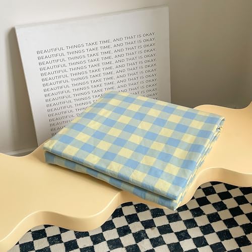Image of mixinni Plaid Duvet Cover Set King Yellow - Soft Washed Cotton Modern Geometric Bedding Set with 2 Pillowcases, Blue Green Gingham Grid King Duvet Cover for Men & Women, Soft & Lightweight
