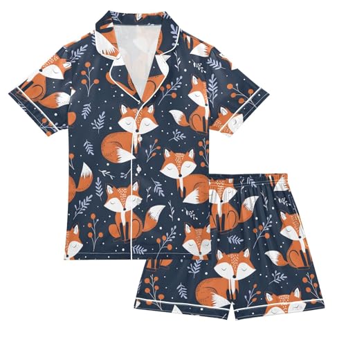 ALAZA Fox Berry Leaf Satin Pajamas Set Short Sleeve Button Down Sleepwear Summer Pjs 2 Piece