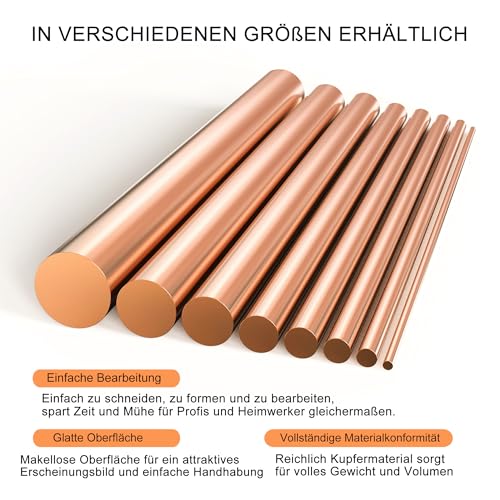 KWOKWEI Reines Kupfer Rundstab Ø 8 mm in 250 mm Länge, Massiver Kupferstab Drehbankstange 99.9% Rein Kupferstäbe für DIY Metallhandwerk Hobbys DIY Schmuck Modell, 1 Stück