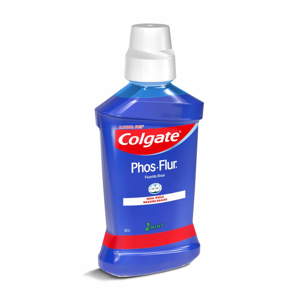Colgate Phos-Flur Fluoride Mouth Rinse, Mint Flavour, 500ml, Alcohol-Free, Ideal for Braces (2)