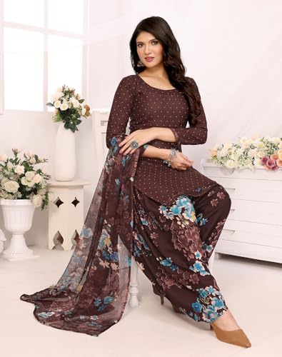 Image of Yashika Women's Printed Dress Material - Unstitched Crepe Fabric Kurti, Pants & Dupatta Set (AZ-YS-P4-COFFEE FLOWER)