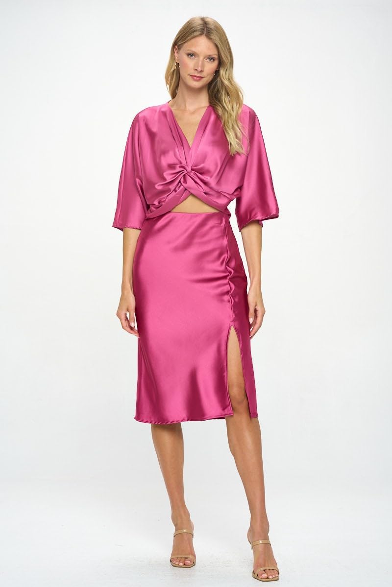 Women Solid High Waist Satin Midi Slit Skirt - Made in USA - Image 5