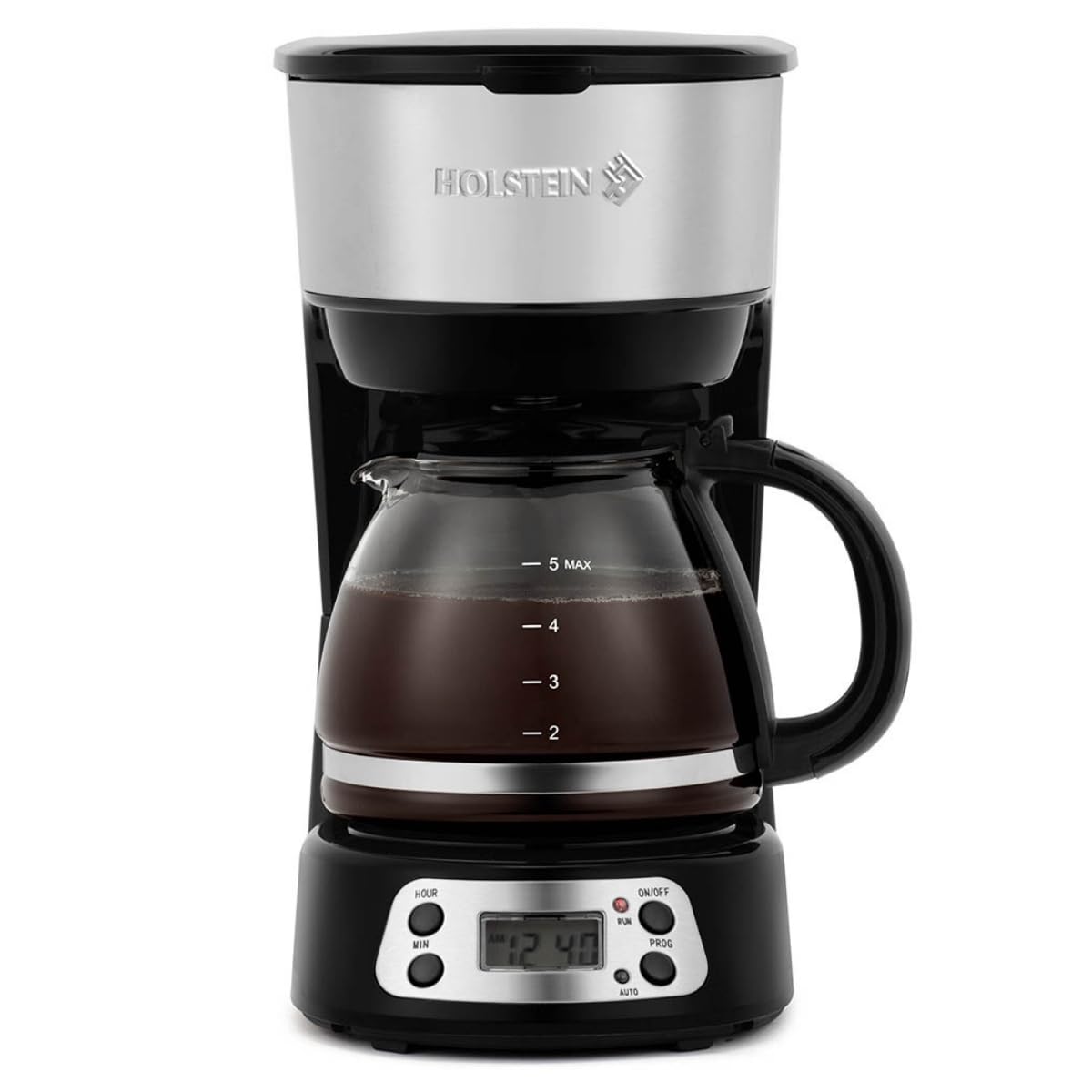 Holstein Housewares 5-Cup Programable Coffee Maker, Convenient and User Friendly, Black and Stainless Steel with Auto Pause and Serve Function, Auto Shut-Off, LCD Display, Glass Carafe