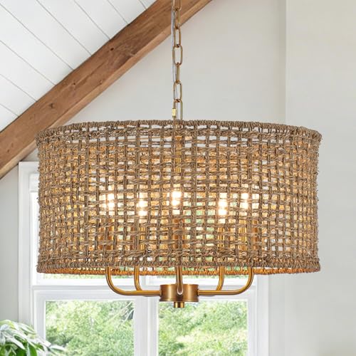 Image of 19.7 inch Gold Rattan Chandelier, 5-Light Boho Wicker Light Fixture | Hand-Woven Rattan Pendant Light; Adjustable Chain; Farmhouse Basket Drum Chandeliers for Dining Room, Kitchen Island, Bedroom