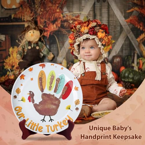 Image of Our Little Turkey DIY My Baby's First Thanksgiving Ceramic Novelty Plates Gifts for Babies, Handprint Footprint Crafts, Project Memory Keepsake Milestone, Happy Thanksgiving Decor 8'', Toddler Craft