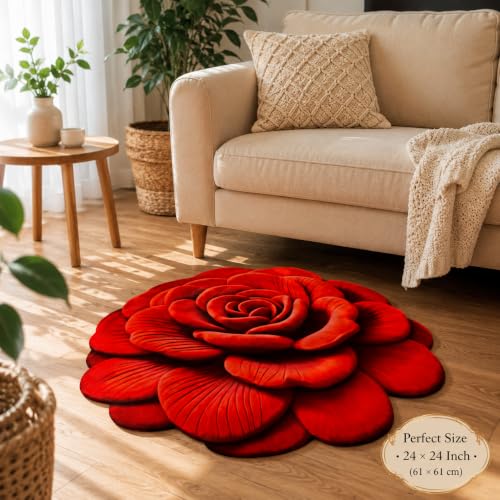 Image of Red Rose Decorative Floor Mat | Anti-Slip, Water Absorbent & Machine Washable | Premium Soft Microfiber Decorative Rug for Home, Living Room & Bedroom | 25x25 Inch, (Red, Rose Flower)