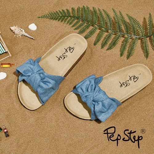 Image of PepStep Slide Sandals for Women or Ladies Dressy Summer Casual, Cute Bow Tie Knot On Top Strap, Comfy Slip On Cork Foot Bed
