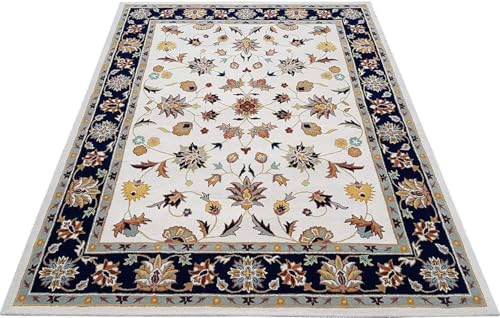 Image of Hand-Tufted Woolen Carpet for Living Room 5x8 feet Ivory & Black Color Traditional Anti-Skid Area Rug High Pile Thick Carpet & Rugs for Hall & Bedroom