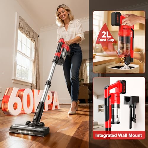 Image of 700W Cordless Vacuum Cleaner, 2x4000mAh Brushless Vacuum Cleaners for Home, 6 in 1 Lightweight Stick Vacuum 60kPa, 3 Suction, Portable Handheld Cordless Vacuum for Pet Hair /Hardwood Floor /Dorm Red