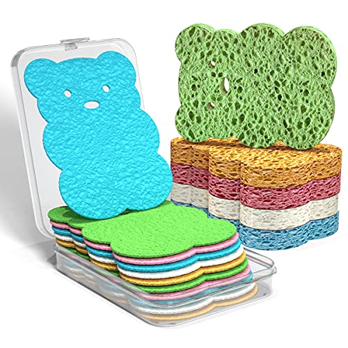 SmilePowo 10 Pack Bear Shape Compressed Sponges,Bulk Sponges,Multi-Functional, Non-Scratch Cleaning Scrub Sponges with Storage Container for Kitchen,Bathroom,Facial Cleansing,Makeup Removal(5 Color)