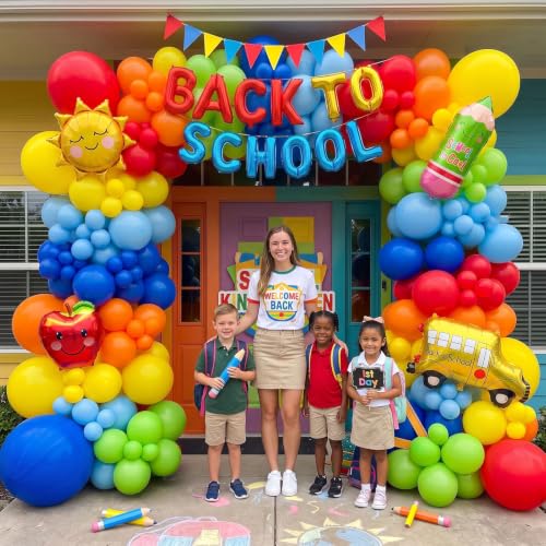 Image of Back to School Red Yellow Blue Balloon Garland Kit, Preschool First Day of School Decorations, Rainbow Pencil Bus Sun Apple Foil Balloons with Banner, Kindergarten Graduation Classroom Supplies