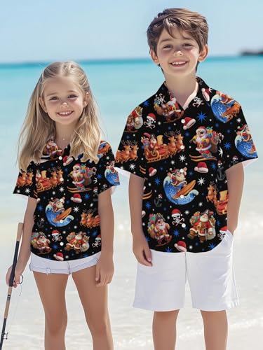 Image of THE PIRATE KING Funny Pirate Hawaiian Shirt Boys Girls Beach Tropical Casual Short Sleeve Button Down Shirt for 5-14 Years