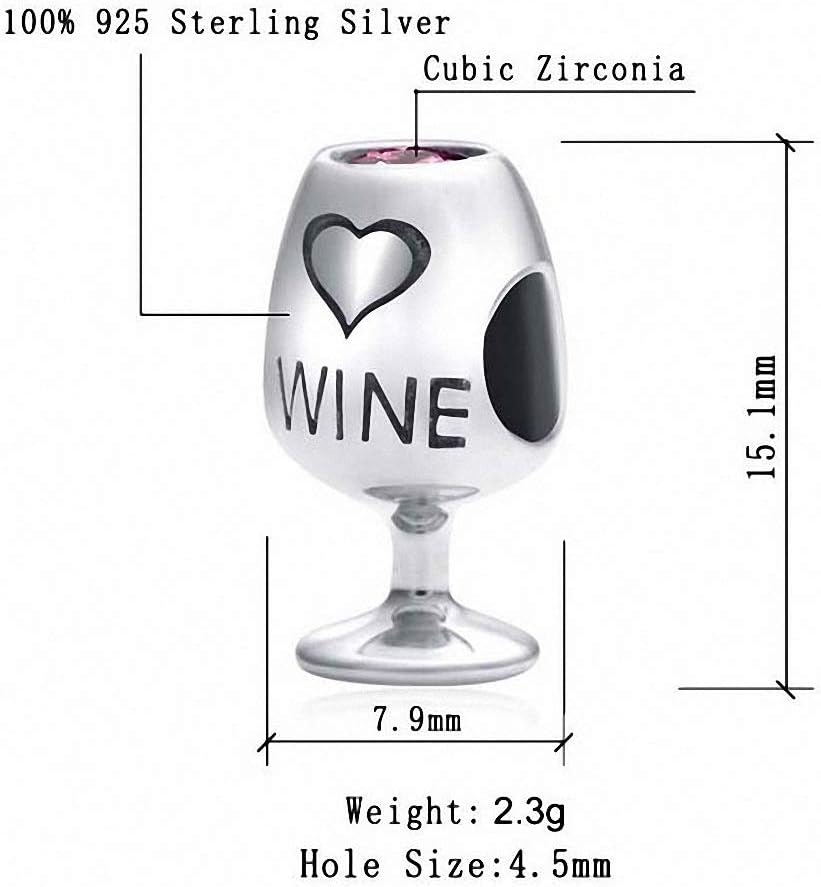 925 Sterling Silver Red Wine Lover Glass Charms fit Pandora Charms Bracelet for Mom Wife Birthday Christmas Valentines Mother's Day Gift - Image 2