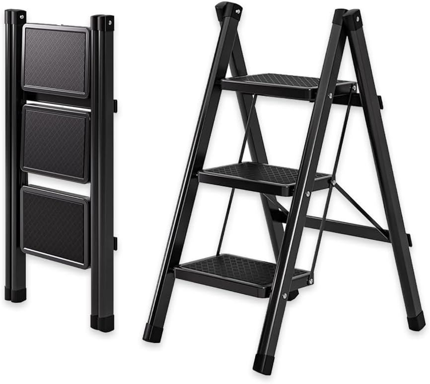 AMERTEER 3 Step Foldable Ladder for Home | Heavy-Duty Steel Step Stool with Wide Anti-Slip Pedals, Lightweight Folding Ladder for Kitchen, Office, Library, Garden | 150 KG Load Capacity