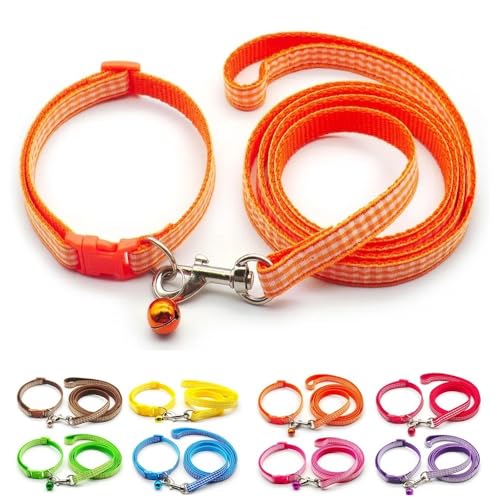 Small Dog Puppy Pet Collar and Lead Set Check Design Nylon Adjustable Size 19-32cm Collar with Bell and 120cm Leash Orange