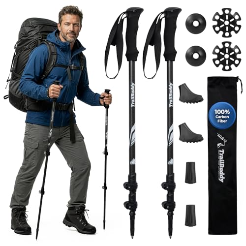 TrailBuddy 3K Carbon Fiber Hiking Poles - Collapsible Lightweight Trekking Poles for Hiking -...