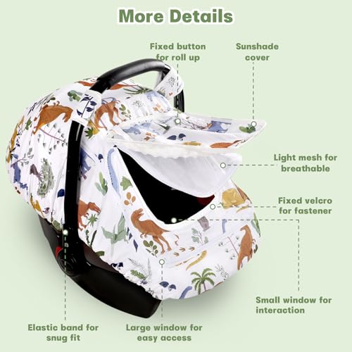 Image of Hooyax Baby Car Seat Cover with Dual Zipper, Extra Large Mesh Window Carseat Canopy, All-Season Weather Protection for Infant Car Seats & Strollers (Dinosaur)