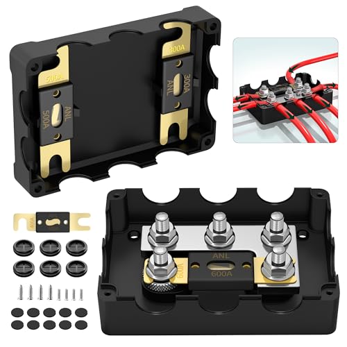 ANL Fuse Holder Max 1000A 1 in 6 Out Waterproof Anl Fuse Block with 5 x 5/16 Studs Dual Fuse Holder with 300 Amp 400 Amp 500 Amp and 600 Amp ANL Fuses for Marine Automotive Car Truck Boat