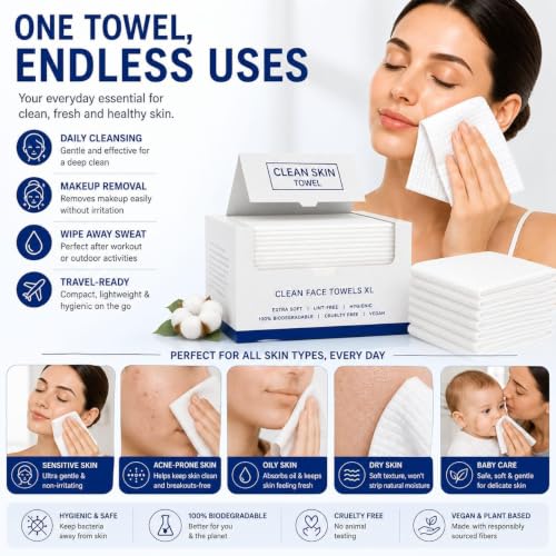Clean Skin Towel XL Disposable Face Towels, 100 Count (Pack of 2) Dry Facial Towels for Sensitive & Acne-Prone Skin, Lint-Free,Makeup Remover Wipes, OEKO-TEX Certified, 10" x 12" - Image 4