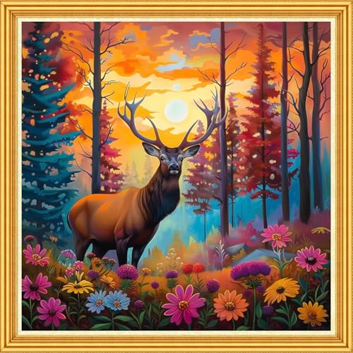 Image of Joyhoor Stamped Cross Stitch Kits for Beginners Needlepoint Kits for Adults Embroidery Kits 11CT Counted Cross Stitch Kits Printed Embroidery Pattern-Colorful Flower Deer 18x18 inch