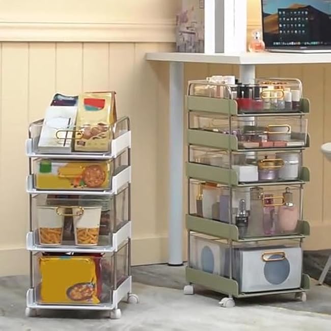 5-Tier Rolling Storage Cart with Detachable Drawers, Kitchen Storage Organizer Mobile Shelving Unit for BathroomGreen,14.4 D x 9.8 W x 26.8 H-VorImBSH