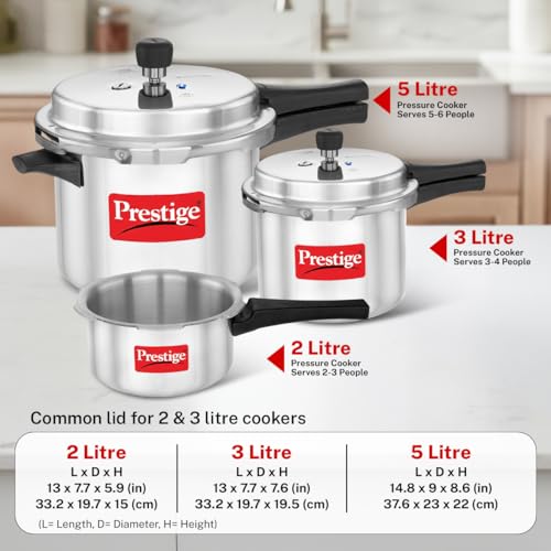 Prestige 2 Litre + 3 Litre + 5 Litre Aluminium Popular Max Outer Lid Pressure Cooker Combo with 2 Lids | Gas & Induction Compatible | Visual... - Image 4