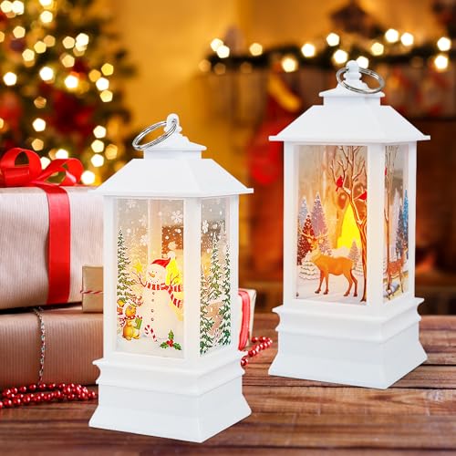 2 farolillos decorativos de Navidad con luz LED blanca cálida, farolillo de Navidad con luz LED, farolillo LED, farol de Navidad, muñeco de nieve y alce, para decoración navideña