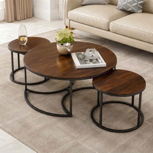 Image of 3 Piece Living Room Table Set, 1 Center Table and 2 End Nesting Tables NO-Tools Assembly Round Stacking Coffee Side Tables for Small Spaces, Nightstand Bedside Table