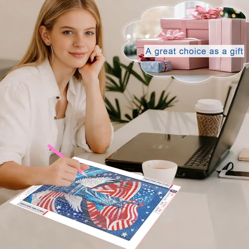 Image of Independence Day Statue of Liberty Diamond Painting Kits for Adults, American Flag Patriotic and Freedom 5D Diamond Art Kits for Adults, DIY Full Drill Round 4th of July Wall Decor 12x16 Inch