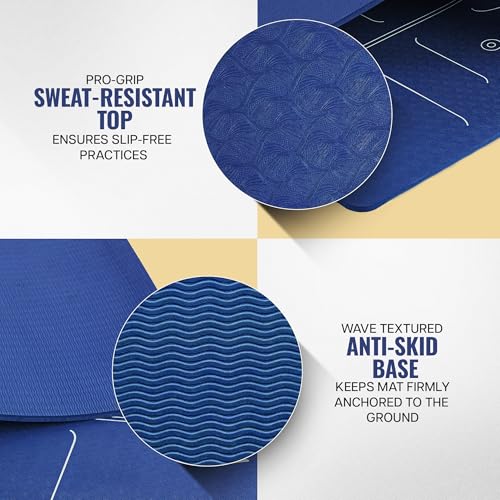 Image of WiseLife Lotus Alignment 10mm Yoga Mat with Strap | Non-Slip Thick Exercise Mat for Yoga, Pilates, Gym & Flexibility Training (Blue)