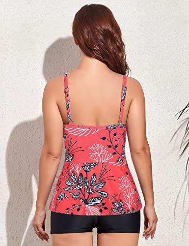 Coastal Rose Wrap Tankini Top Bathing Suit Tops For Women Ruched Tummy Control Swimwear V Neck Swimsuits Top Us6 Red Floral #TOP2