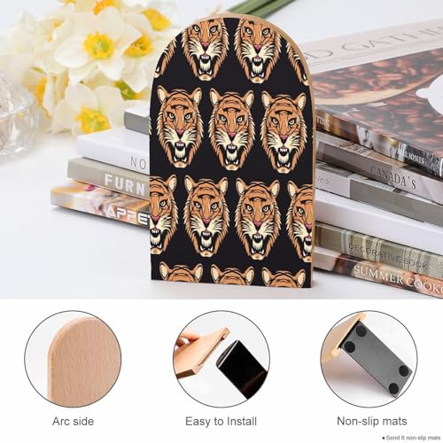 Sujetalibros de madera moderno con diseño tallado de tigre y base metálica estable 5